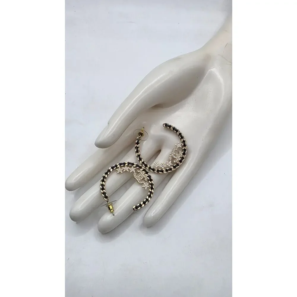 Chanel Gold-tone 2023 Strass Leather Interlocking CC Hoop Earrings
